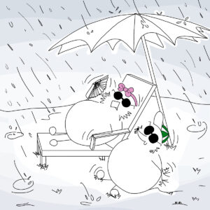 Tytti Pöllö ja Hiiri Huttunen ottavat aurinkoa sateisessa säässä aurinkovarjon alla aurinkolasit silmillään