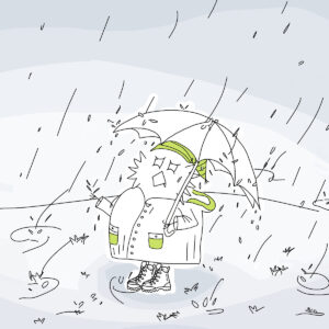 Lokakuisen syksyn sateet Pöllö Tuppurainen seisoo vesisateessa Silppuu sarjakuvat