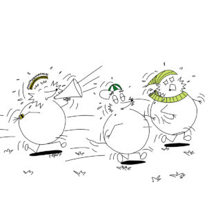 Spurttipertti kannustaa Hiiri Huttusta ja Pöllö Tuppuraista juoksemaan kovempaa